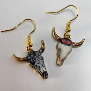 Earrings Long Horn Cattle Texas Earrings Gold Tone and Enamel Western Boho